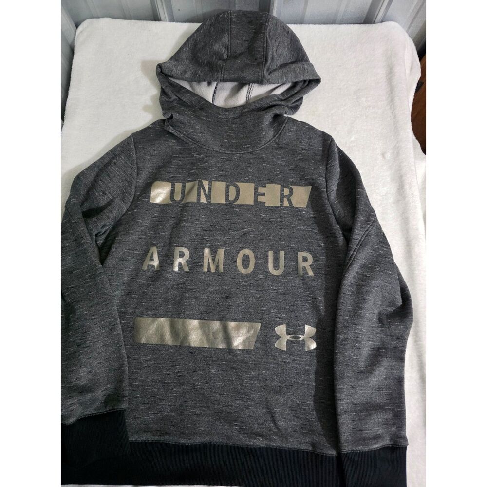 Under Armour Women’s Medium Loose Hoodie Gray Gold Logo Pullover Sweatshirt